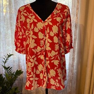 Beautiful “West K” Red Floral Women's Blouse. Size large, new never worn.